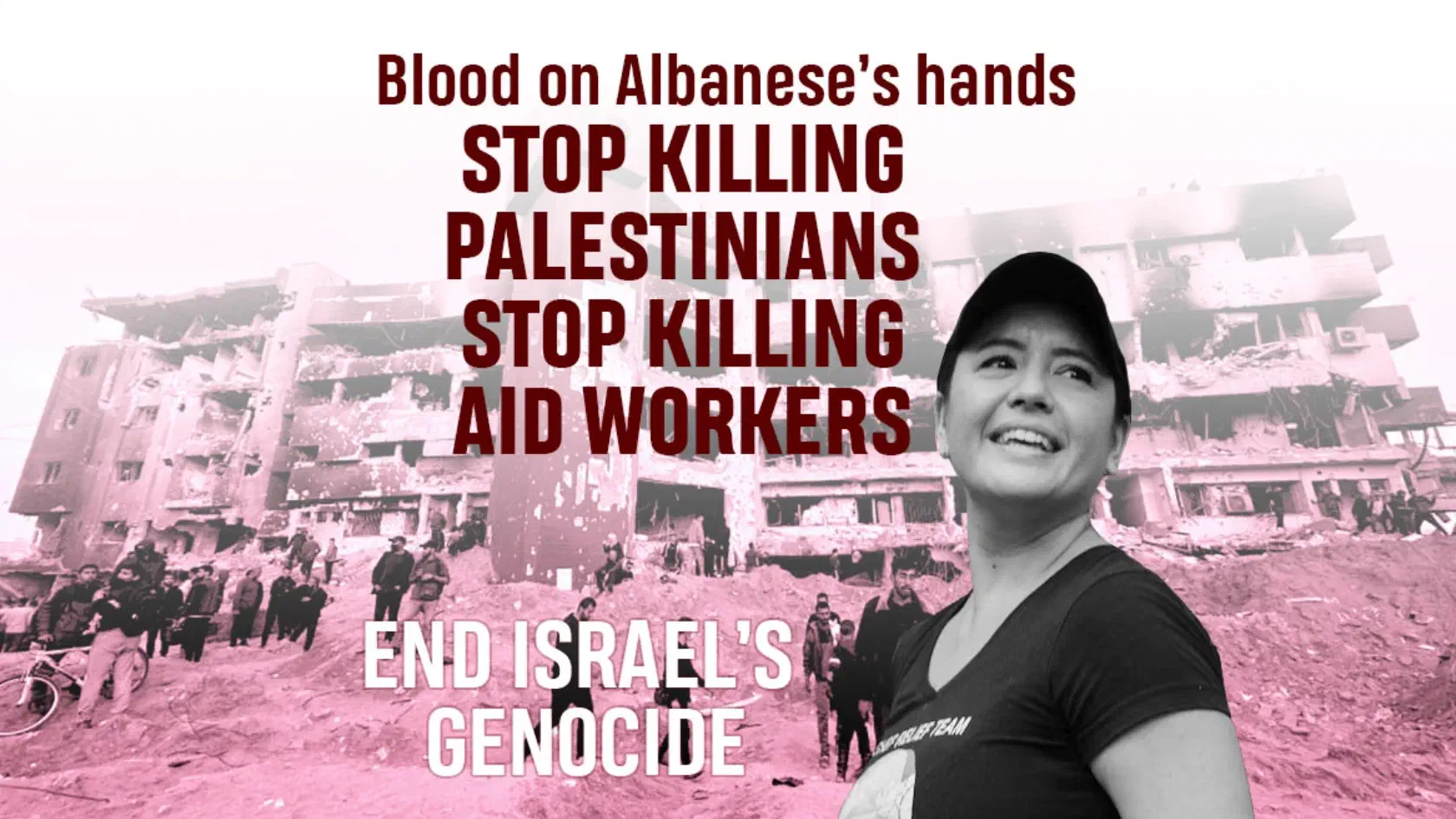 Photo of aid worker Zomi Frankcom with text of the title. The background depicts the devastation in Gaza.