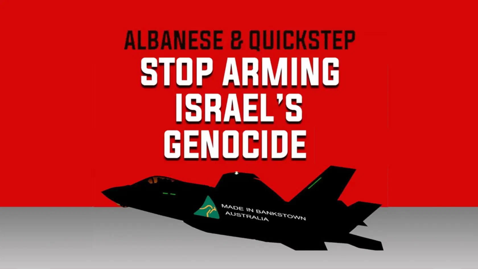 Image of F-35 fighter jet overlaid with text of the protest title.