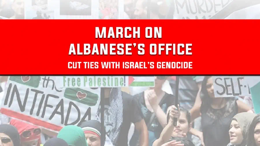 Photo of protesters overlaid with text of the protest title.