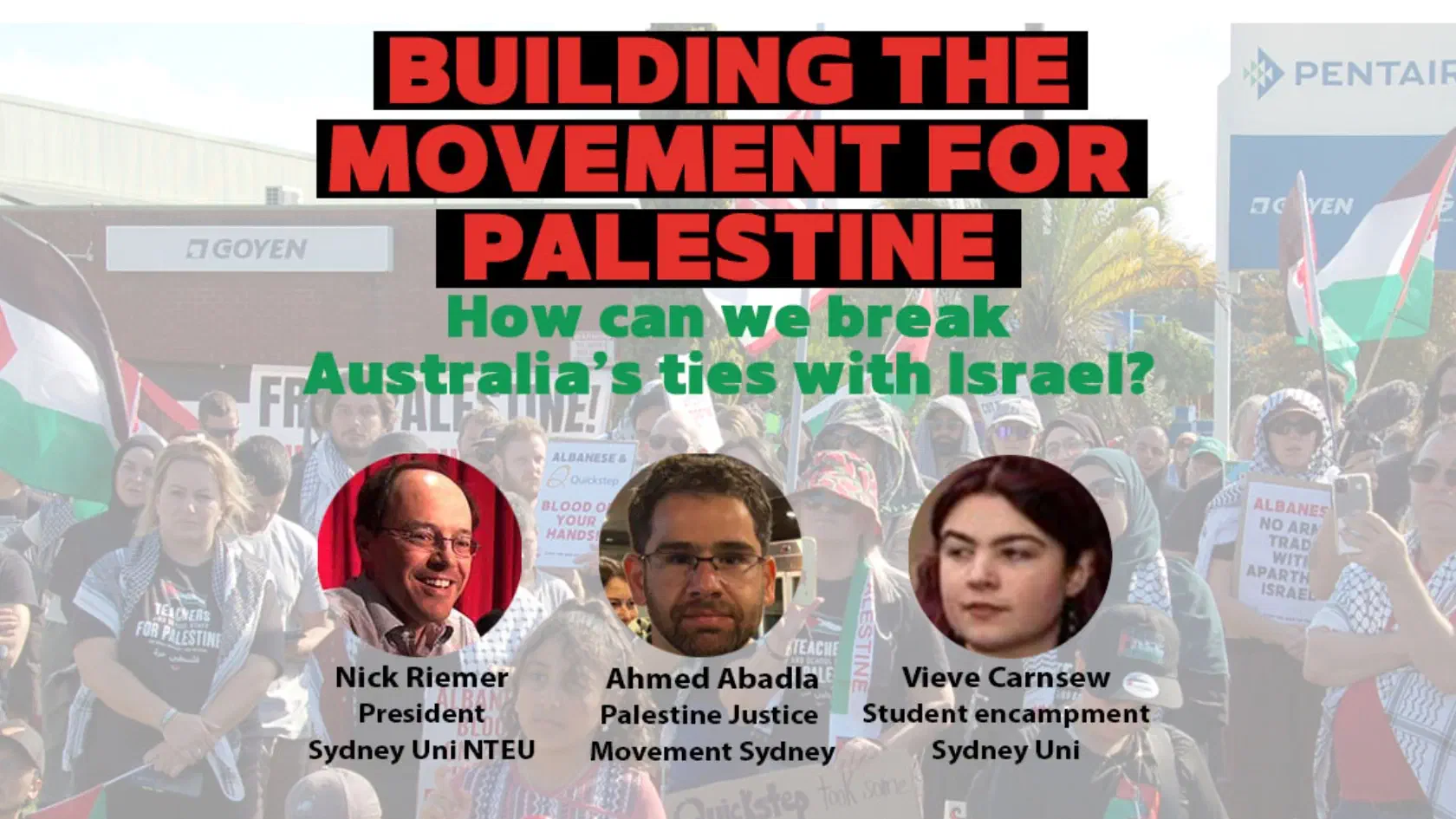 The event title with portraits and names of the speakers over a background image of protesters.