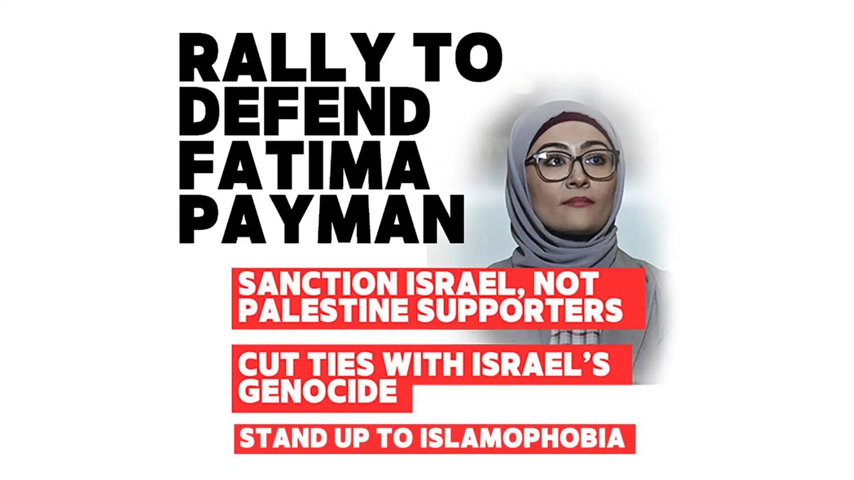 Photo of Fatima Payman on a white background overlaid with text of the rally title.
