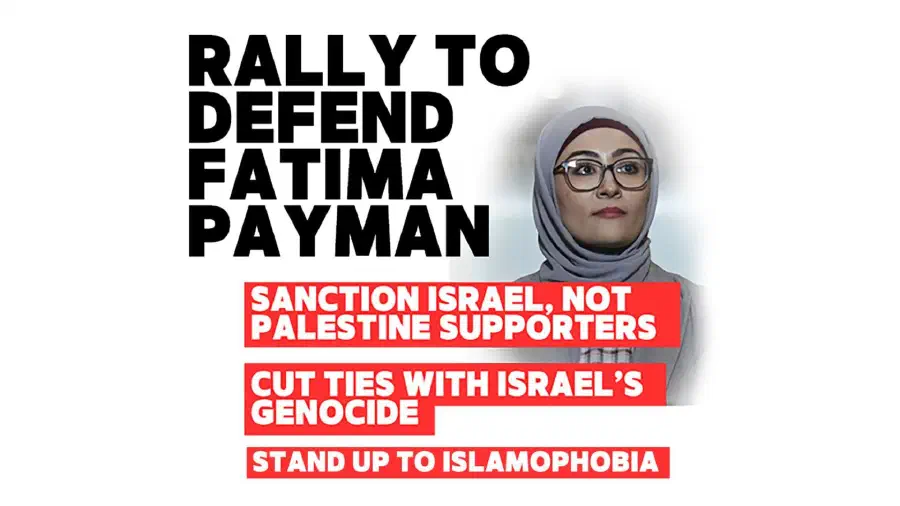Photo of Fatima Payman on a white background overlaid with text of the rally title.