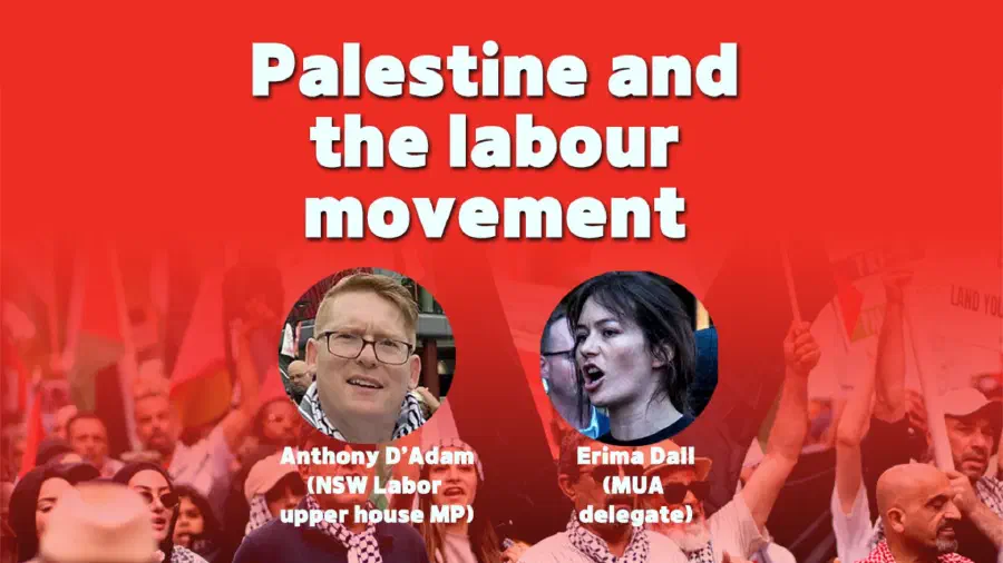 The event title with portraits and names of the speakers over a red-tinted background image of protesters.