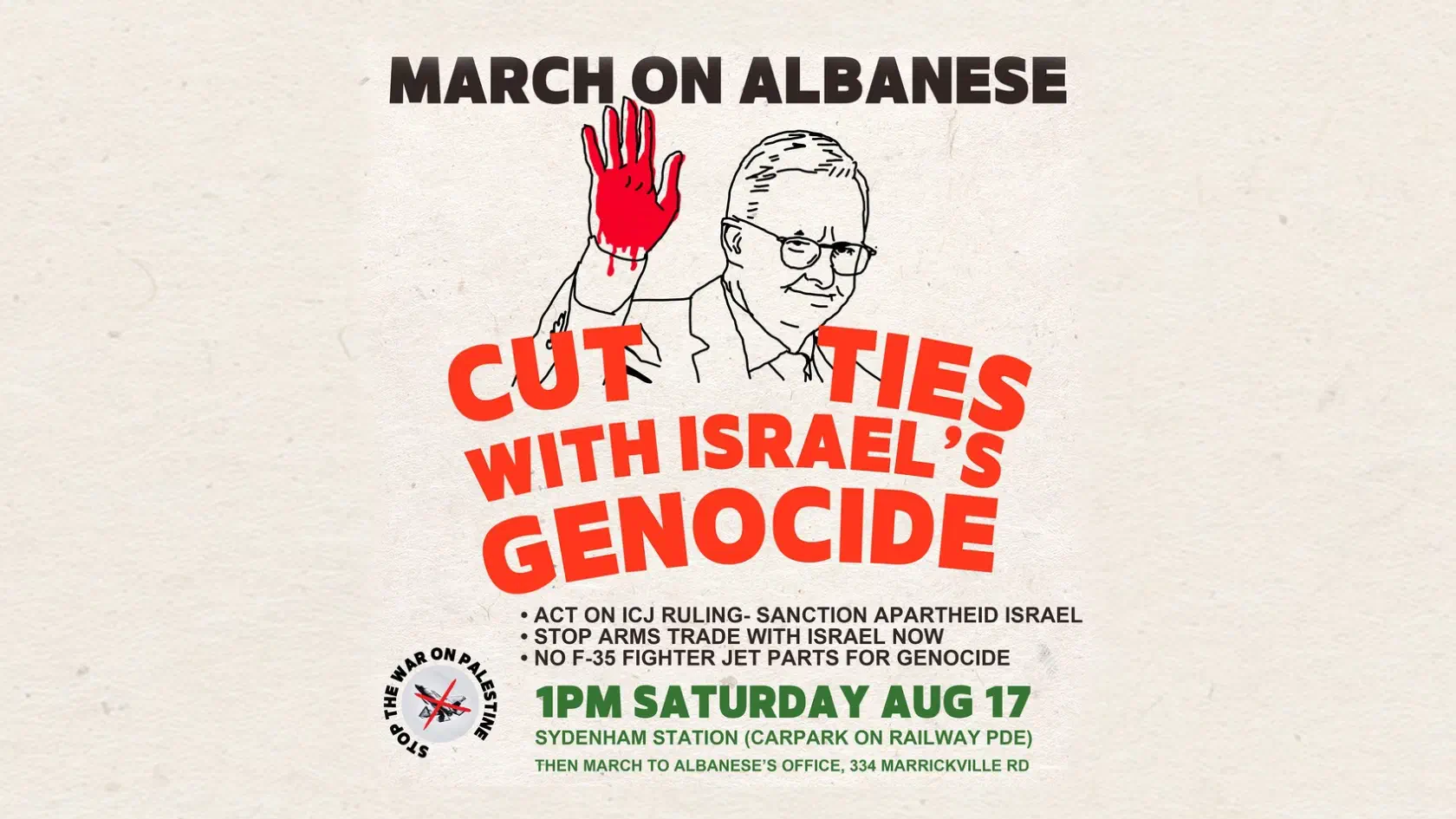 Text of the event title and details underneath an illustration of Anthony Albanese with red, dripping hands