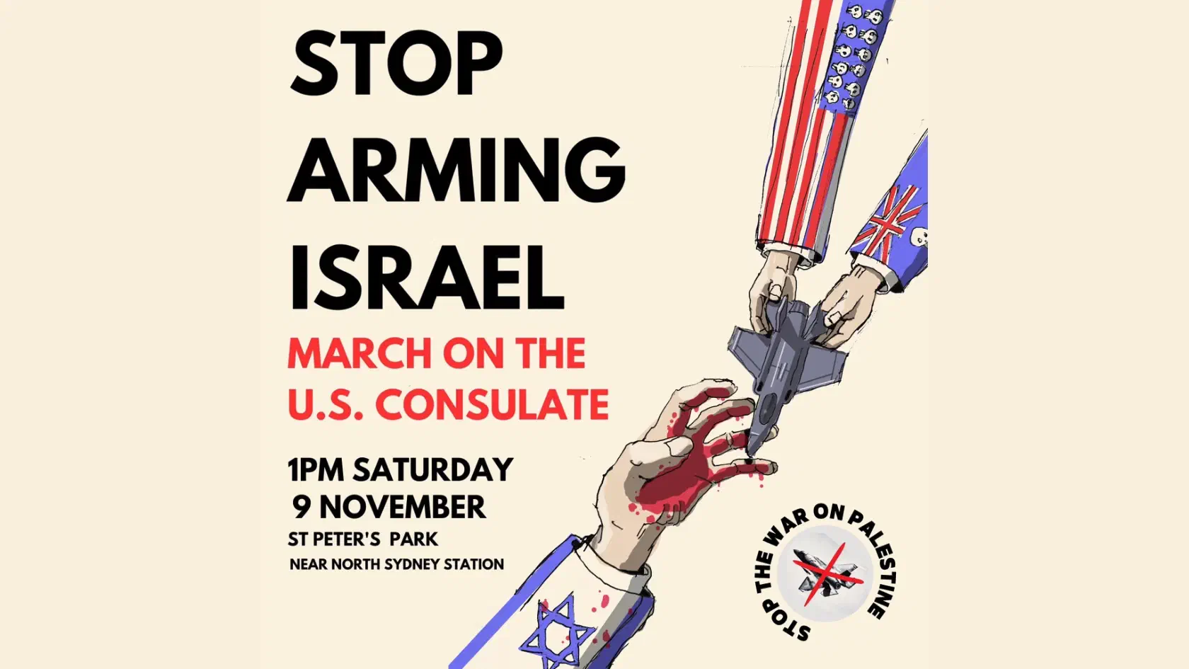 An illustration of hands with US and Australian flags as sleeves, passing a toy fighter jet to a bloody hand with the Israel flag on its sleeve.