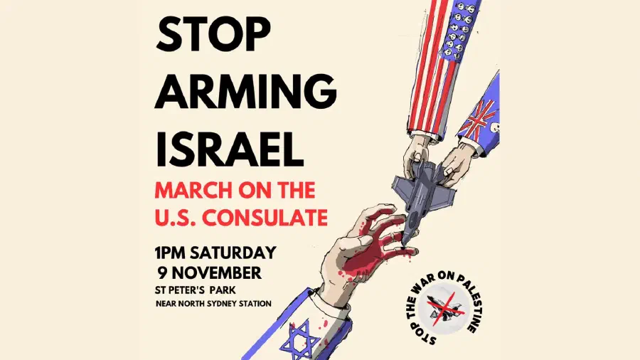 An illustration of hands with US and Australian flags as sleeves, passing a toy fighter jet to a bloody hand with the Israel flag on its sleeve.