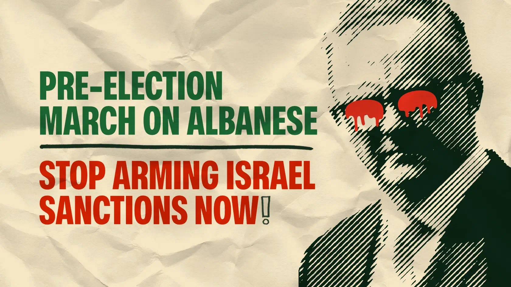 A stylised line-art image of Anthony Albanese overlaid with text of the event title and details.