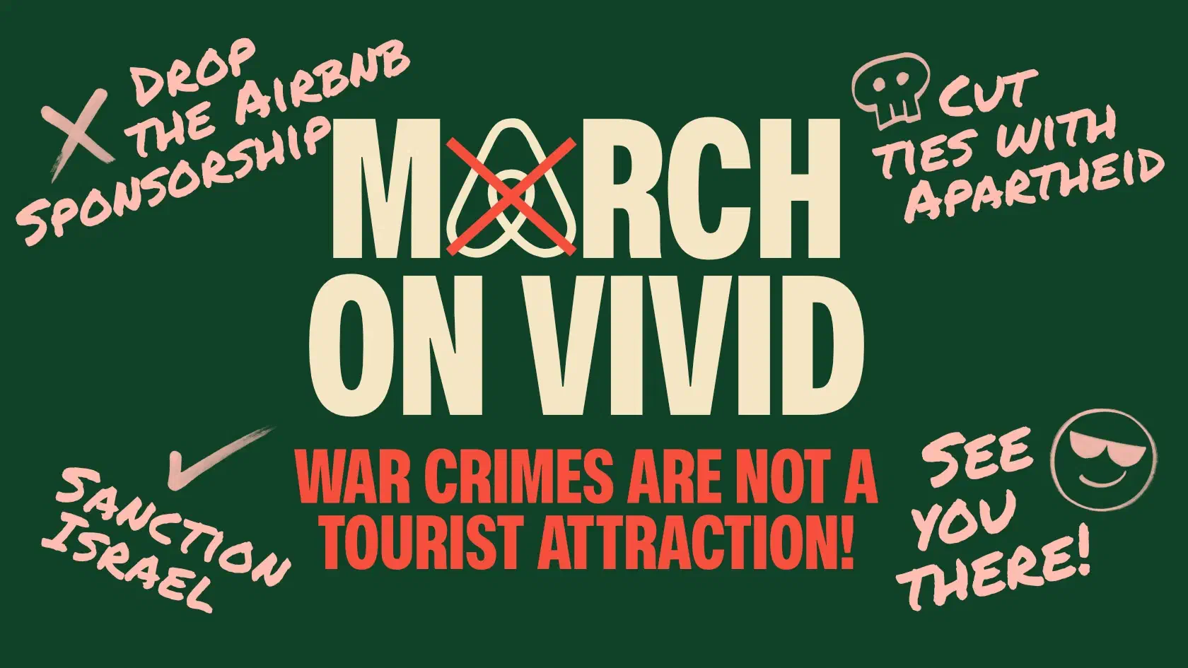 Stylised and cropped image of the Sydney Opera House with text overlaid ‘March on Vivid, Drop the Airbnb sponsorship.ʼ