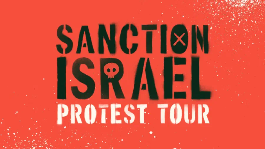 Stylised text over a red background ‘Sanction Israel Protest Tourʼ.