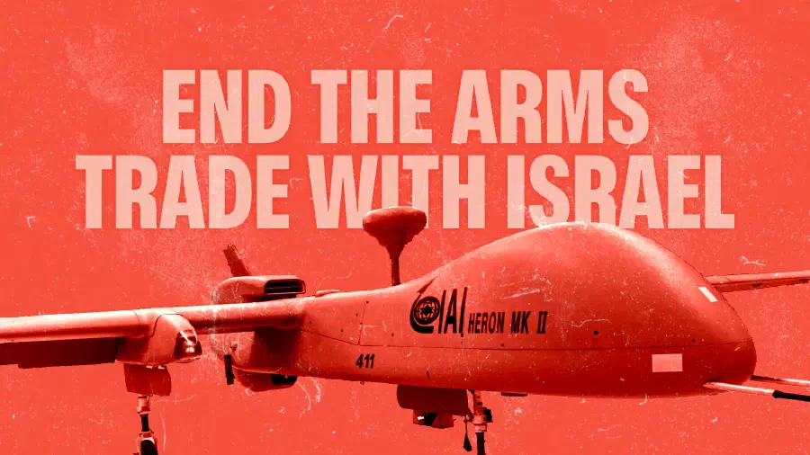 Image of an IAI Heron Mk II Drone on a red-coloured background with text overlaid ‘End the arms trade with Israelʼ and time and date details of the protest.