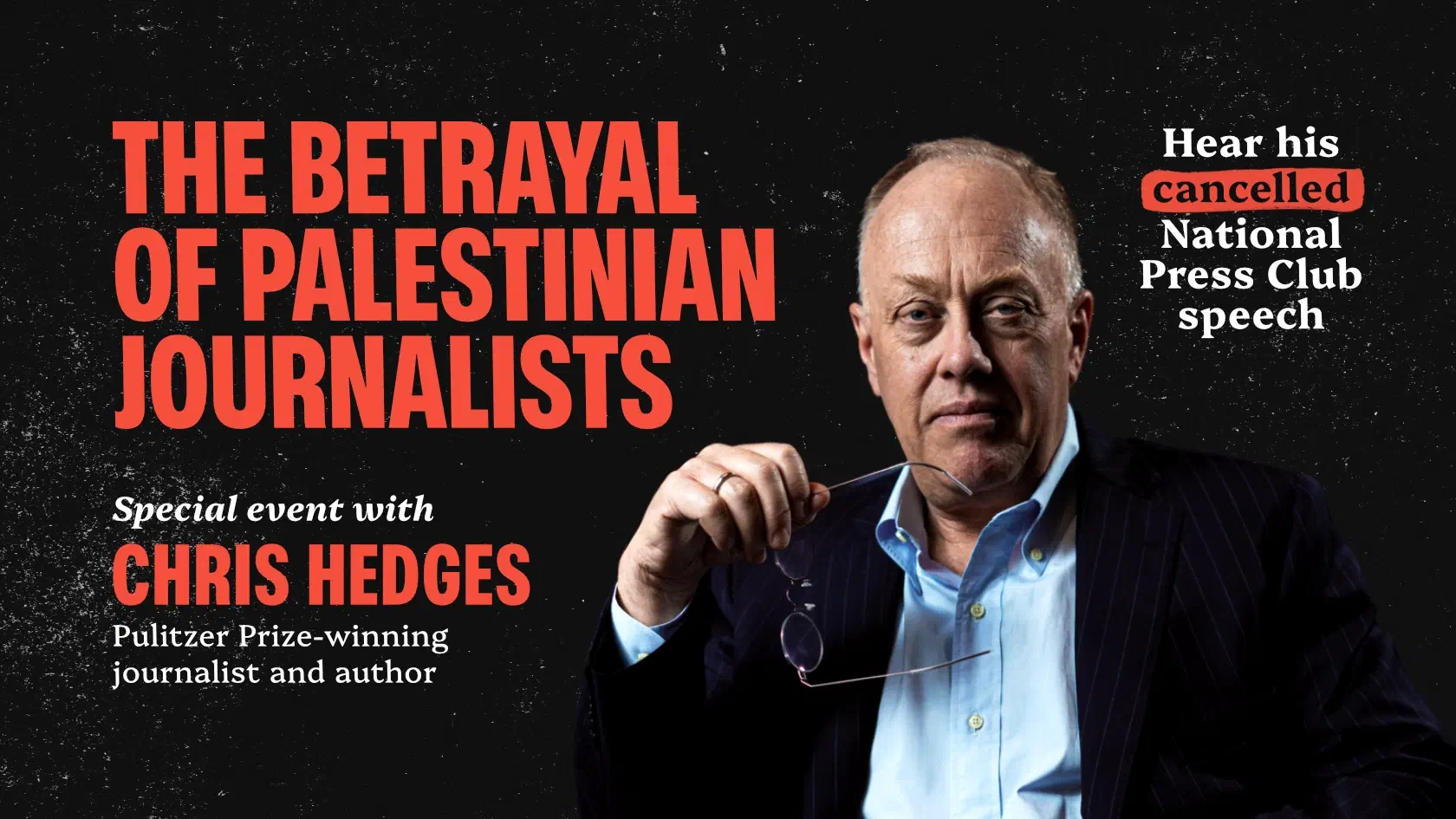 Image of Chris Hedges with event title and details.