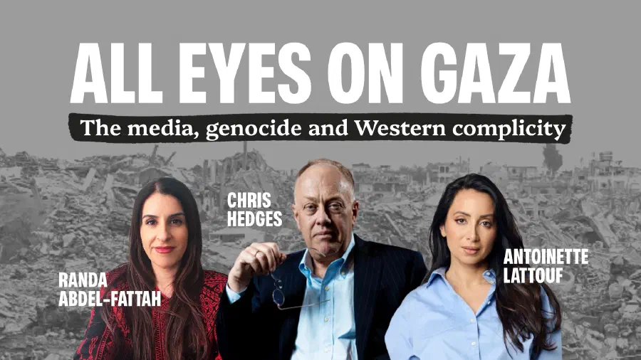 Event poster with the title and portraits of the speakers over a background depicting the destruction in Gaza.