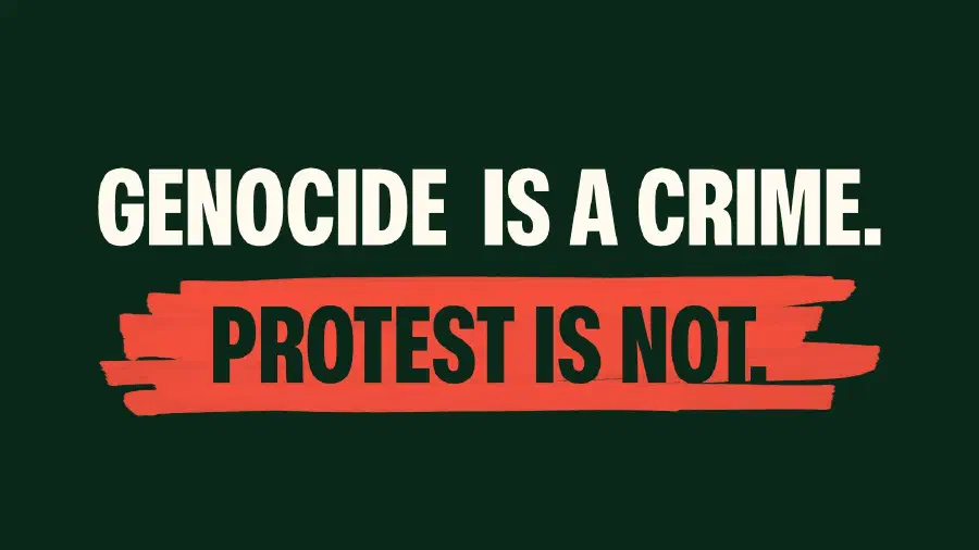 Text: Genocide is a crime. Protest is not.