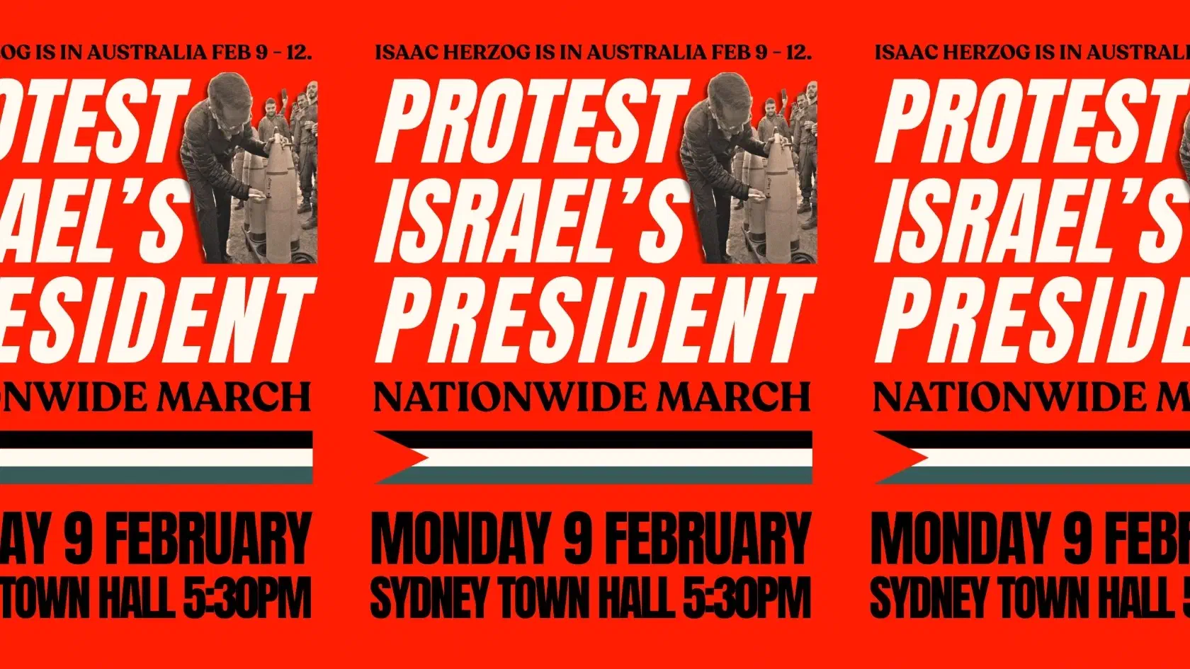 Event poster text: Protest Israelʼs President, nationwide march