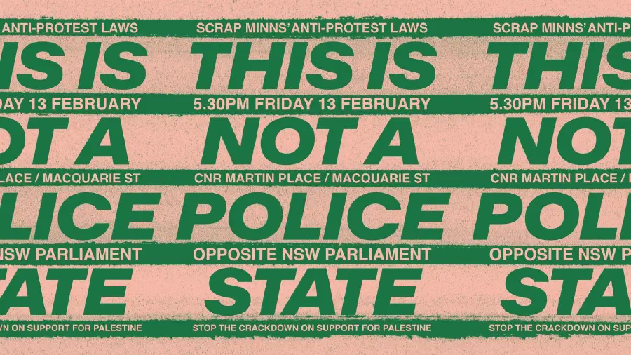 Text: ‘This is not a police stateʼ laid over stylised pen marker lines with event details inbetween.