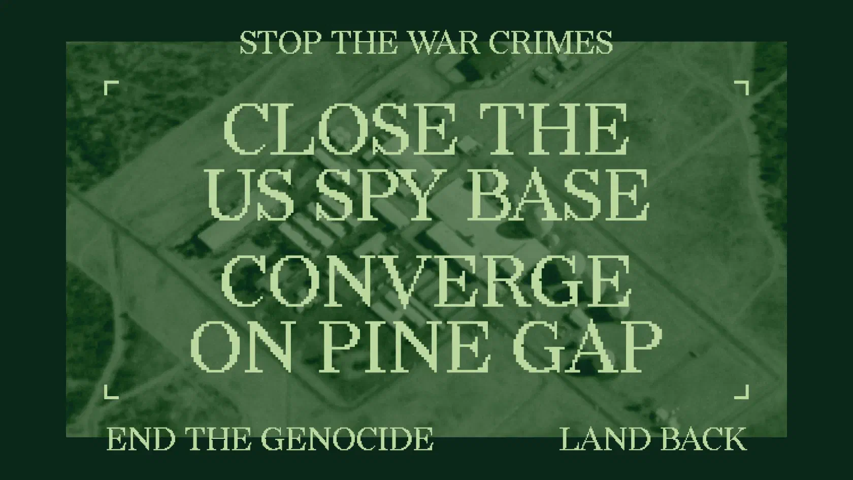 Aerial photo of Pine Gap base overlaid with page title and sub headline.