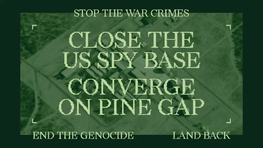 Aerial photo of Pine Gap base overlaid with page title and sub headline.