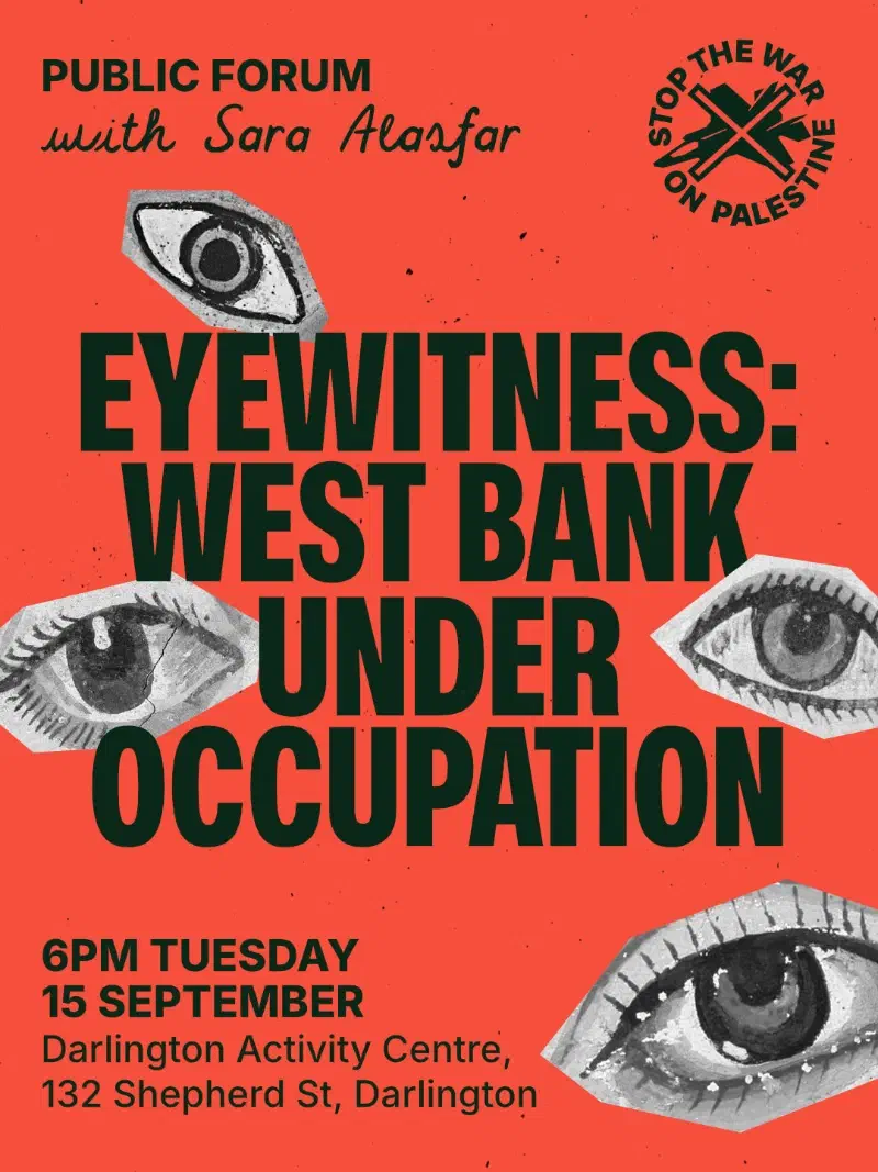 Event poster with event details on a red background and cutout illustrations of human eyes.