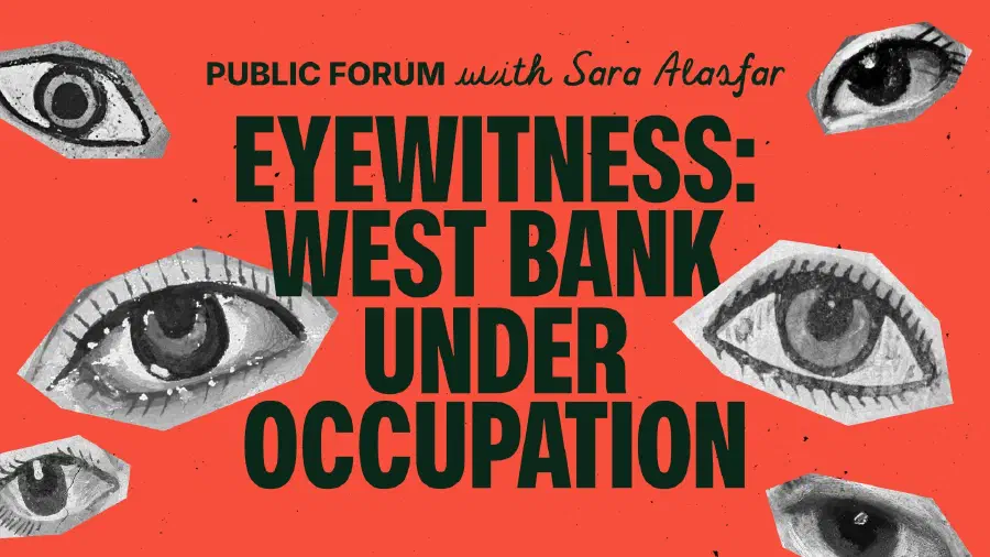 Event poster with the title in bold text on a red background and cutout illustrations of human eyes.