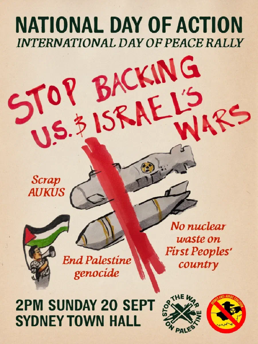 Event poster with an illustration of a submarine, a missile, and a protestor holding a megaphone.