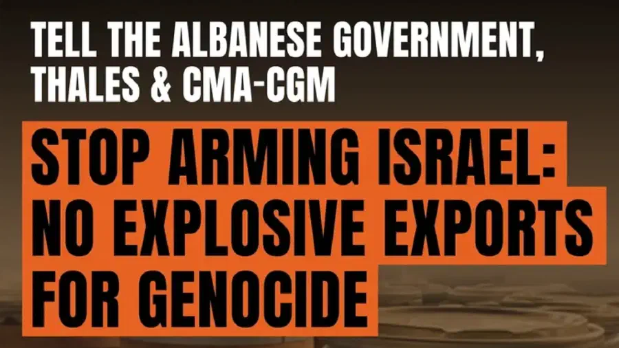 Event poster with the title 'Stop arming Israel: No explosive exports for genocide'.