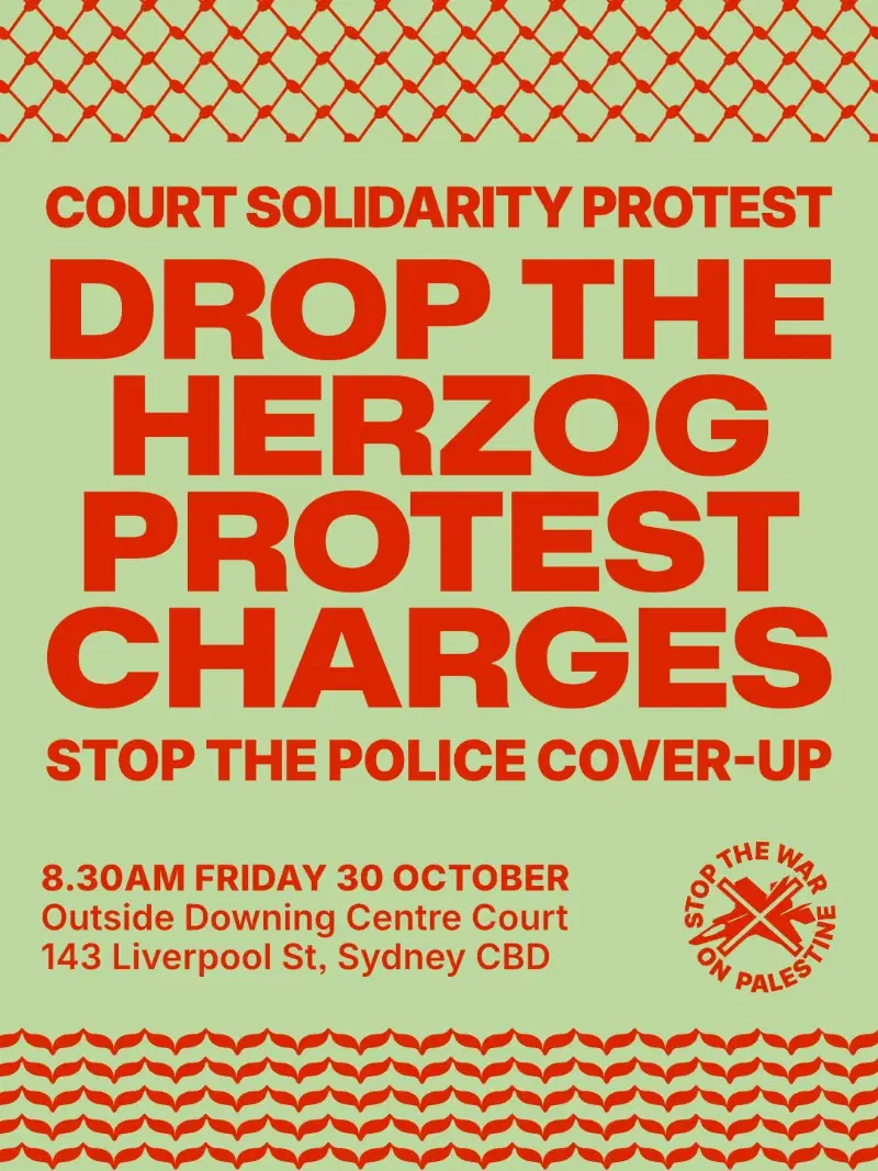 Poster with event details and headline in bold red: 'Drop the Herzog protest charges'.