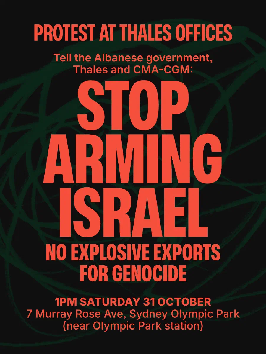 Event poster with the title 'Stop arming Israel, protest at Thales offices'.