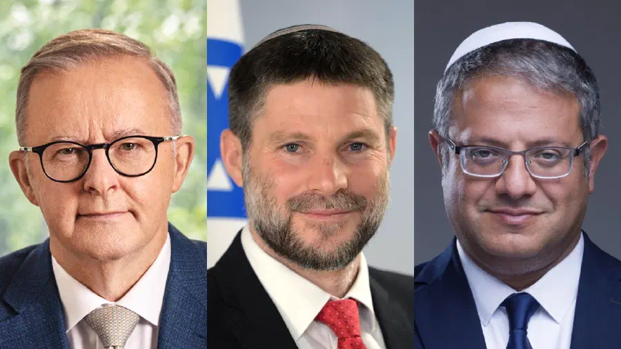 Portraits of Anthony Albanese, Bezalel Smotrich and Itamar Ben Gvir.