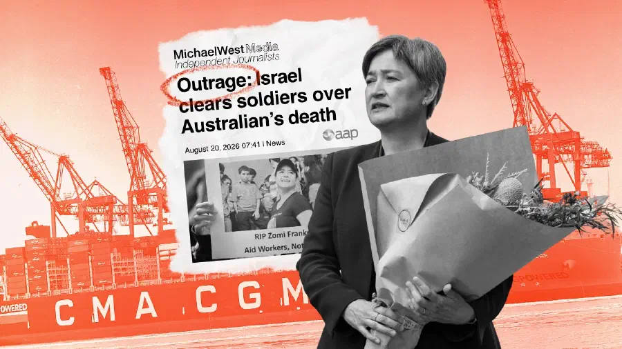 Collage with Penny Wong holding a bouquet of flowers, a news headline and a CMA CGM cargo ship.