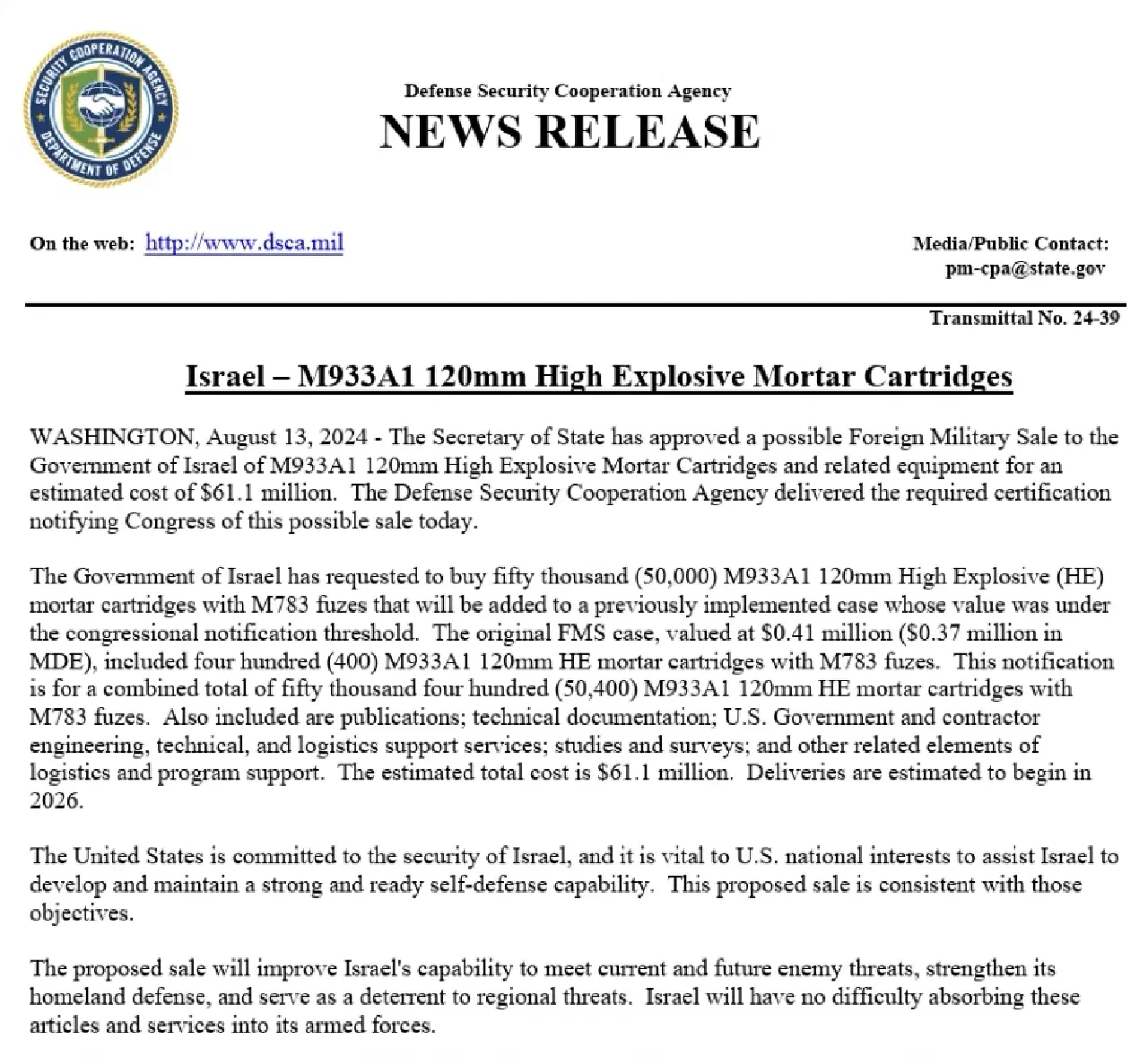 Excerpt from Defense Security Cooperation Agency news release.