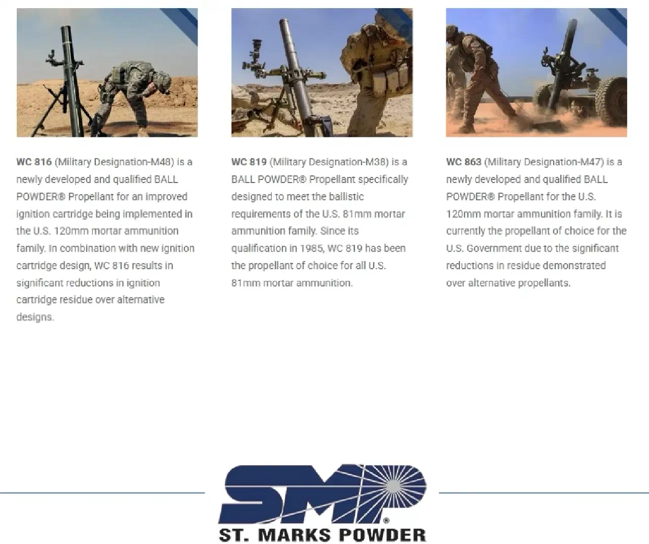 Screengrab from General Dynamics website displaying features of three propellant products.