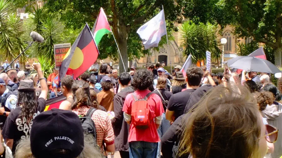 Rear view of a crowd at Hyde Park with Aboriginal and Palestinian flags waving above.