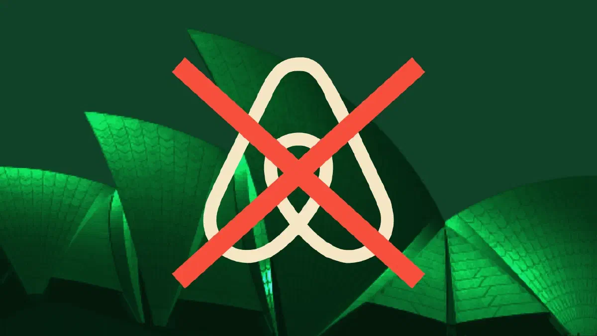A stylised image of the Sydney Opera House overlaid with a crossed out Airbnb logo.