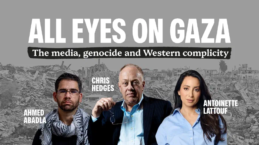 Video poster with the title and portraits of the speakers over a background depicting the destruction in Gaza.