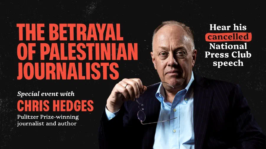 Image of Chris Hedges with event title and details.