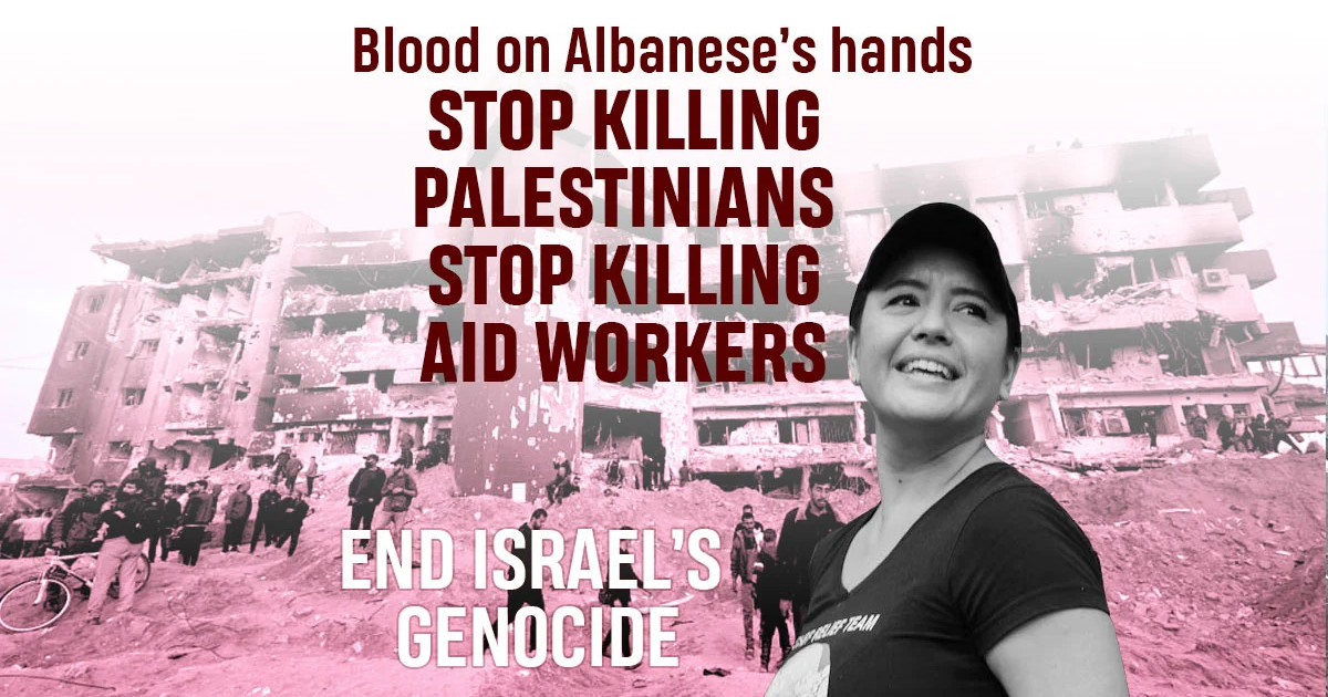 Photo of aid worker Zomi Frankom overlaid with text of the protest title. The background is a scene of the devastation in Gaza.