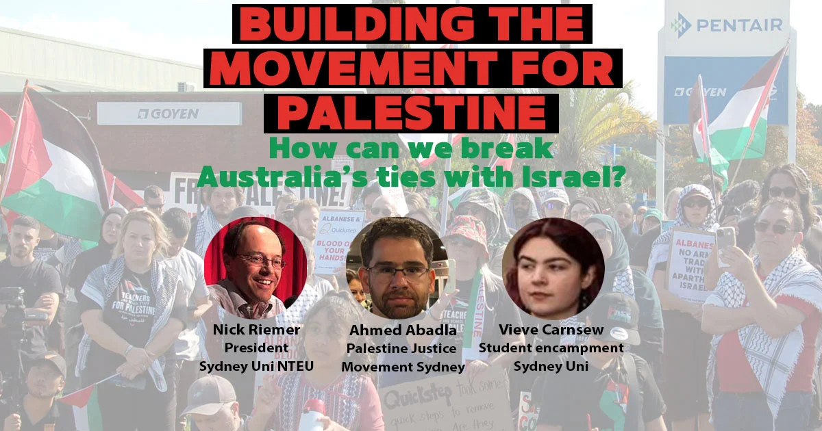 The event title with portraits and names of the speakers over a background image of protesters  