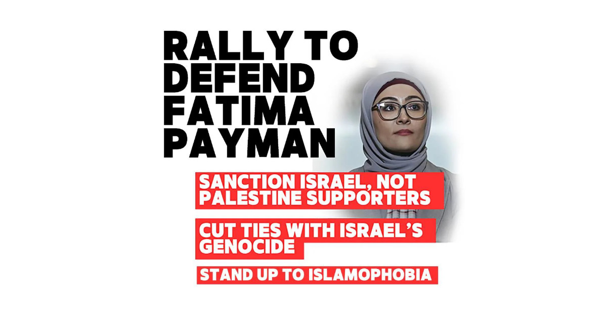 Photo of Fatima Payman on a white background overlaid with text of the rally title