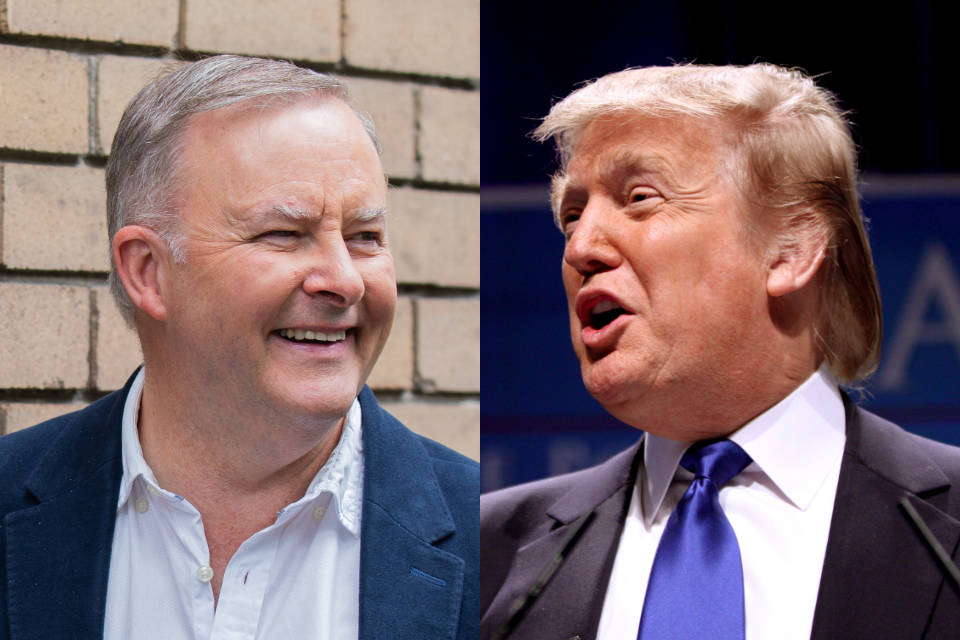 Portraits of Anthony Albanese and Donald Trump displayed side-by-side