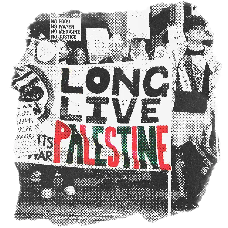 Protestors at a rally hold up a banner which reads "Long live Palestine"